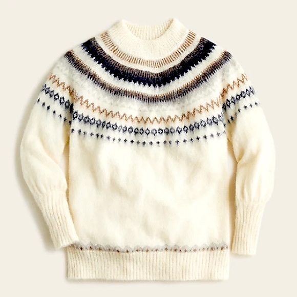 J.CREW Fair Isle Yoke Puff-Sleeve Sweater NWT M Warm Ivory Navy - Picture 1 of 11